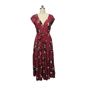Free People Floral Tiered Maxi Dress Burgundy Butterfly‎ Boho Festival Size 2